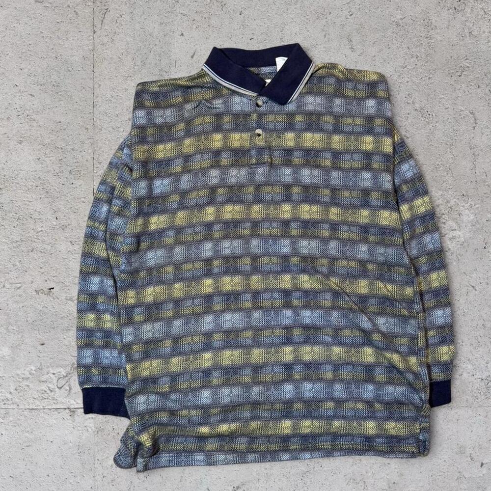 Jos J Oliver Textured Knit Polo Shirt XL 100% Cotton Long Sleeve Pattern